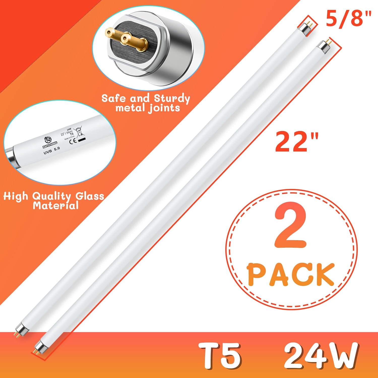 T5 UVB Reptile Light 24W 10.0,UVA UVB Light Bulb for Reptiles,2 Pack Reptile UVB Lamp Tube for Bearded Dragon